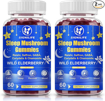 Sleep Mushroom Gummies with Reishi & Saffron -Natural Sleep Aid & Relaxation Supplement, Wild Elderberry Flavor, Non-GMO, No Sugar, 120 Count