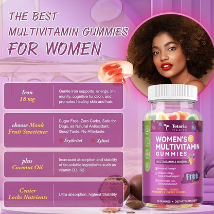 Sugar Free Womens Multivitamin Gummies with Iron, Women's Multivitamin w/Vitamins C, D3 K2, B12, B6, Filled Gummies for Daily Nutritional Support| Immune Support| Skin Health, Mixed Flavors, 60 Cts