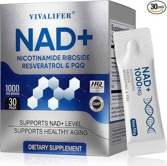 NAD+ Liquid Supplement 30 Packets, Premium Nicotinamide Riboside & Resveratrol with PQQ, Promotes Anti-Aging, Metabolism Support, Focus & Energy Boost