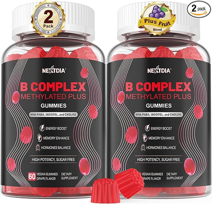 Brain & Mood Support Gummies, Super Vitamin B Complex for Men & Women, All B Vitamin B1 B2 B3 B5 B6 B7 B9 MethyB12 with PABA, Inositol, Choline, Supports MTHFR Gene & Energy, Vegan, 120Ct