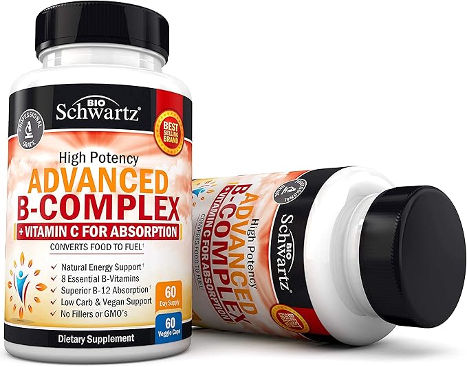 Vitamin B Complex with Vitamin C for Maximum Absorption - Methylcobalamin b12 & Folate Folic Acid Supplement - B1 B2 B3 B5 B6 B7 B9 for Immune Energy & Nervous System Support - Non-GMO, 60 count