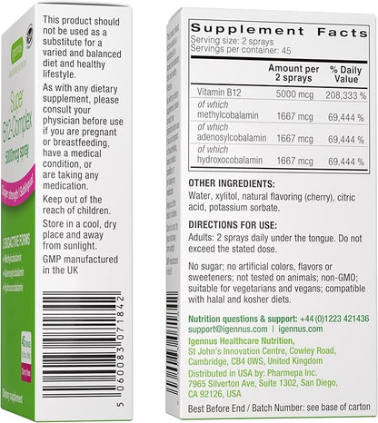 Igennus Triple Vitamin B12 Complex 5000mcg, Liquid Sublingual Spray, 45 Servings, Methylated Methylcobalamin, Adenosylcobalamin & Hydroxocobalamin, High Strength & Clean, Natural Cherry Flavor, Vegan