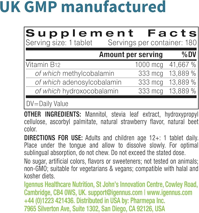Igennus Sublingual Vitamin B12 Complex 1000mcg, Methylated Methylcobalamin, Adenosylcobalamin & Hydroxocobalamin, High Absorption & Clean, 180 Servings, Sugar-Free & Vegan