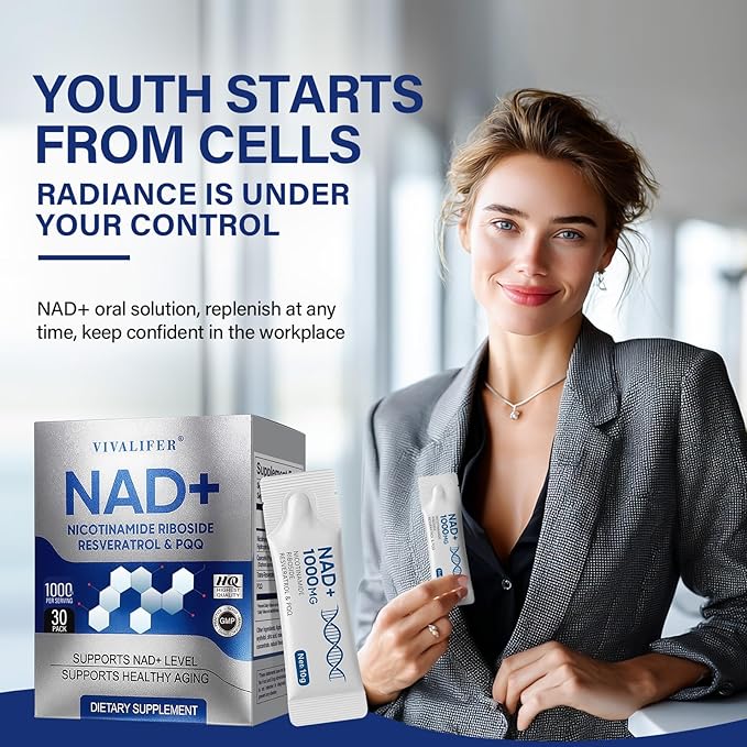 NAD+ Liquid Supplement 30 Packets, Premium Nicotinamide Riboside & Resveratrol with PQQ, Promotes Anti-Aging, Metabolism Support, Focus & Energy Boost