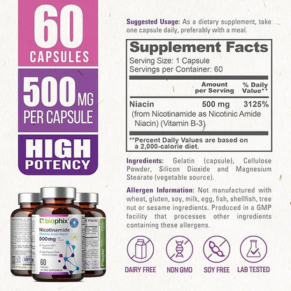 biophix B-3 Nicotinamide 500 mg 60 Caps - Nicotinic Amide Niacin Natural Flush-Free Vitamin Formula - Supports Skin Cell Health