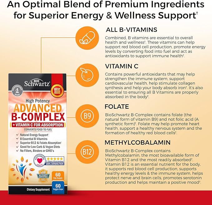 Vitamin B Complex with Vitamin C for Maximum Absorption - Methylcobalamin b12 & Folate Folic Acid Supplement - B1 B2 B3 B5 B6 B7 B9 for Immune Energy & Nervous System Support - Non-GMO, 60 count