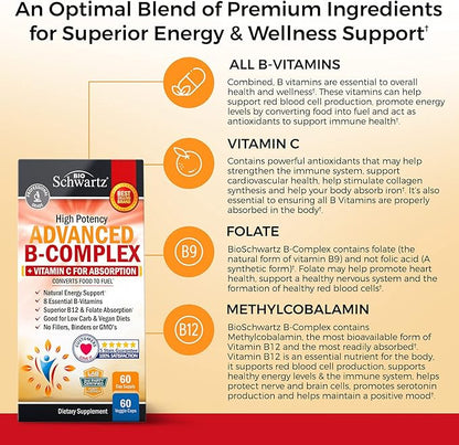 Vitamin B Complex with Vitamin C for Maximum Absorption - Methylcobalamin b12 & Folate Folic Acid Supplement - B1 B2 B3 B5 B6 B7 B9 for Immune Energy & Nervous System Support - Non-GMO, 60 count