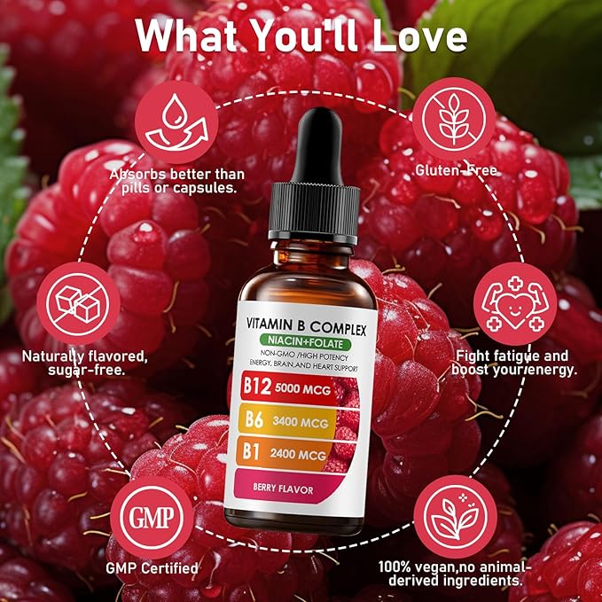 Vitamin B12 Complex with B1, B6, Vitamin B12 Raspberry Liquid Supplement, Essential Vitamin 5-in-1 Vitamin B Complex Liquid Drops, Brain Function, Focus, and Natural Energy Support (2PCS)