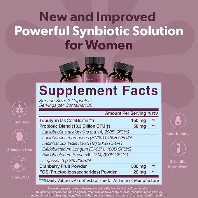 BIOMA Feminine Health Synbiotic - Women's Health Supplement for Healthy Vaginal pH, Urinary Tract & Digestive Support - with Probiotics, Cranberry & Tributyrin - 180 Capsules (3 Pack, 90-Day Supply)