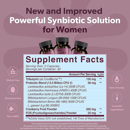 BIOMA Feminine Health Synbiotic - Women's Health Supplement for Healthy Vaginal pH, Urinary Tract & Digestive Support - with Probiotics, Cranberry & Tributyrin - 180 Capsules (3 Pack, 90-Day Supply)