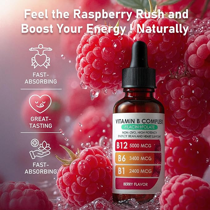 Vitamin B12 Complex with B1, B6, Vitamin B12 Raspberry Liquid Supplement, Essential Vitamin 5-in-1 Vitamin B Complex Liquid Drops, Brain Function, Focus, and Natural Energy Support (2PCS)