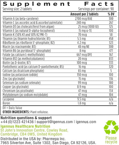 Igennus Methylated Men's Multivitamin with 22 Actives, All-Day Nutrient Delivery, Pure & Clean, Methylfolate & Methylcobalamin, High Strength MTHFR Supplement, Non-GMO & Halal, 180 Tablets