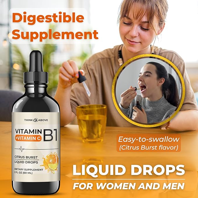 Vitamin B1 + Vitamin C Liquid Drops - Energy & Immune Support Supplement - 2 fl oz (60 ml) Pack of 2 - Fast Absorption, Easy-to-Use