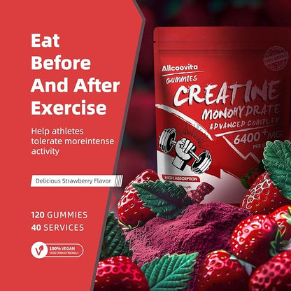 Creatine Monohydrate Gummies Complex for Men & Women - 120 Gummies Advanced Formula, L-Taurine + Vitamin B12 for Muscle Strength, Muscle Builder, Energy Boost, Pre-Workout Supplement-Strawberry