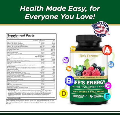Life's Energy Advanced Daily Multivitamin for Men & Women, Energy & Immune Support Supplement with Super Greens - Antioxidants & Enzymes - Iron Free, Vegetarian, 120 Tablets by Life's Fortune