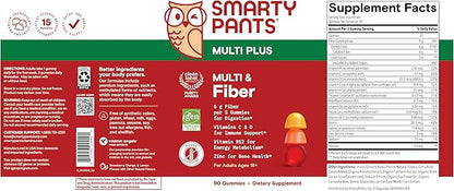 SmartyPants Fiber Supplement & Multivitamin for Men & Women - Improved Formula: Prebiotic Fiber Gummies with Omega 3 (DHA/EPA), Vitamin D3, C, Vitamin B12, B6, A, K & Zinc, 90 Count (30 Day Supply)