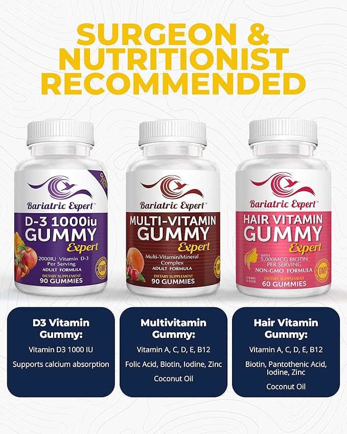 Bariatric Multivitamin 3 Pack, Multivitamin Gummy 90 Chews. - D3 Gummy 90 Chews.- Hair Vitamin Gummy 60 Chews.