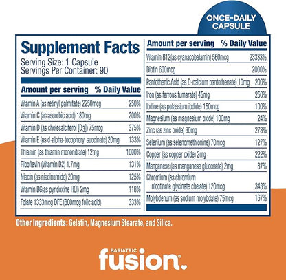 Bariatric Fusion One Per Day Bariatric Multivitamin with Iron | Easy to Swallow Capsule | Vitamin for Bariatric Surgery Patients | Gastric Bypass and Sleeve Gastrectomy | 90 Count | 3 Month Supply