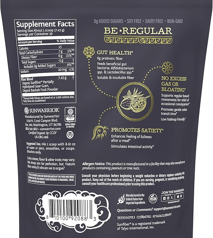 Sunwarrior Fiber Supplement Prebiotic Organic | Vegan Fiber Supplement Plant-Powered Gut Health Booster with Pure Ingredients for Digestive Harmony | Vegan & Non-GMO | 8oz Pouch (30 SRV) Be Well