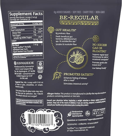 Sunwarrior Fiber Supplement Prebiotic Organic | Vegan Fiber Supplement Plant-Powered Gut Health Booster with Pure Ingredients for Digestive Harmony | Vegan & Non-GMO | 8oz Pouch (30 SRV) Be Well