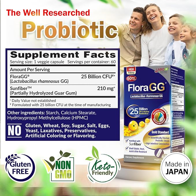 LABO Nutrition FloraGG, Lactobacillus Rhamnosus GG 25 Billion CFU Active Probiotics & Sunfiber Prebiotic Fiber Supplement, Support Healthy Intestinal, Immune Health| Delayed Release & Gluten Free 60s