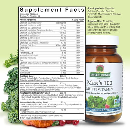 Nature's Answer Mens 100 Multivitamin | 60 Vegetarian Capsules | Supports Overall Wellness | Promotes Immune Function | Non GMO | Vegan | Kosher | Made in The USA