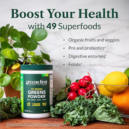 Greens First Gift Set - Limited Edition Glass Carafe & Organic Greens Powder - 49 Superfoods - Prebiotics, Probiotics & Digestive Enzymes - Dairy Free, Vegan & Non-GMO (Mint, 30 Servings)