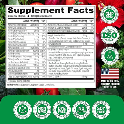 Multivitamin for Women - B-Complex | Whole Foods | Hair Growth Support | Digestion & Metabolism | Iron - 47in1 Womens Multivitamin - Bioavailable & Gentle on Stomach - Made in USA - 90 Capsules
