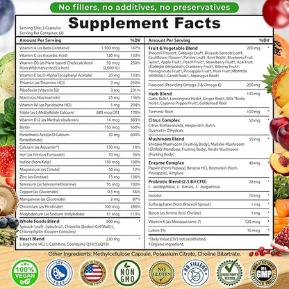 Vegan Whole Food Daily Multivitamin with Iron, Methylated Multivitamin for Women and Men, Made with Fruits & Vegetables, B-Complex, Probiotics, Enzymes, CoQ10, Omegas, Turmeric, Non-GMO, 180 Count