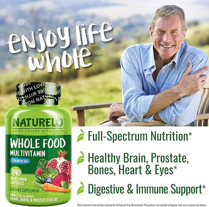 NATURELO Whole Food Multivitamin for Men 50+ - with Vitamins, Minerals, Organic Herbal Extracts - Vegan Vegetarian - for Energy, Brain, Heart and Eye Health - 240 Capsules