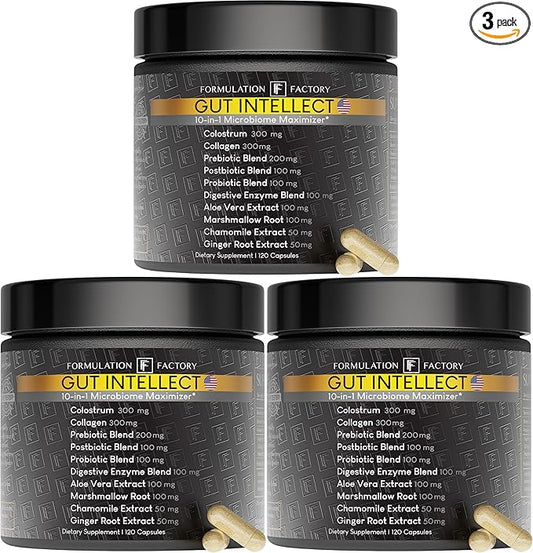 Gut Intellect 10-in-1 Microbiome Supplement, Prebiotics, Probiotics, Postbiotics, Colostrum, Collagen, Aloe Vera, Chamomile, Ginger, Enzymes, Digestive, 360 Cap (3 Pack)