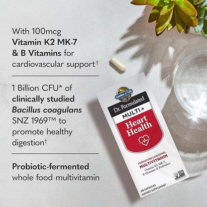 Garden of Life Dr. Formulated Multi+ Heart Health - Fermented Liposomal Multivitamin + Vitamin K2 MK-7, B Vitamins & Probiotics - One a Day for Cardiovascular & Blood Vessel Function, 30 Capsules