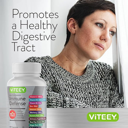 VITEEY 11 in 1 Immune Support Supplement - Immune Defense with Vitamin D3, B6, Echinacea, Turmeric, Rose-HIPS, Selenium, BioPerine, Ginger, Elderberry Vitamin C and Zinc - 120 Count