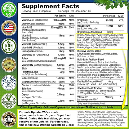 Men's Daily Multivitamin 50 Plus - Vegan Methylated Multivitamin for Men 50 and Over - Saw Palmetto, Biotin, Organic Superfoods, Lutein - Eye, Energy, Gut, Health Support - Easy to Swallow Capsules