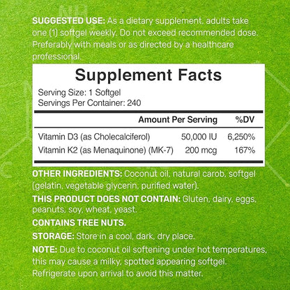 DEAL SUPPLEMENT Vitamin D3 50,000 IU + K2 MK7 200mcg Softgels, 240 Count | 2-in-1 Complex with Virgin Coconut Oil | Supports Heart, Bone, Teeth & Immune Health | Easy to Swallow