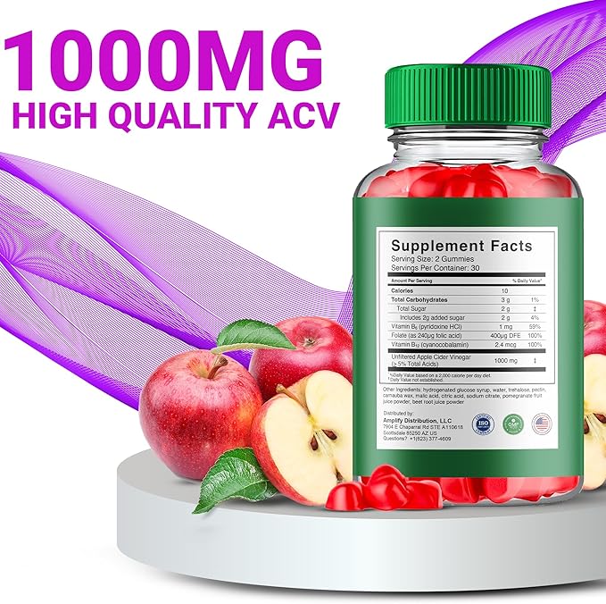 GreenVow ACV Gummies – 1000MG Apple Cider Vinegar with Vitamin B12, B6 & Folic Acid for Keto Support, Green Bow Dietary Supplement, Advanced Keto Formula (60 Gummies)