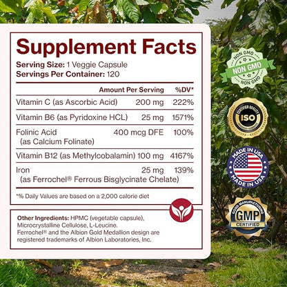Iron Supplement for Women - Gentle Chelate Iron Bisglycinate 25mg with Vitamin C, B6, B12 Folic Acid – Supports Iron Deficiency, Menstrual Health & Energy - 120 Count
