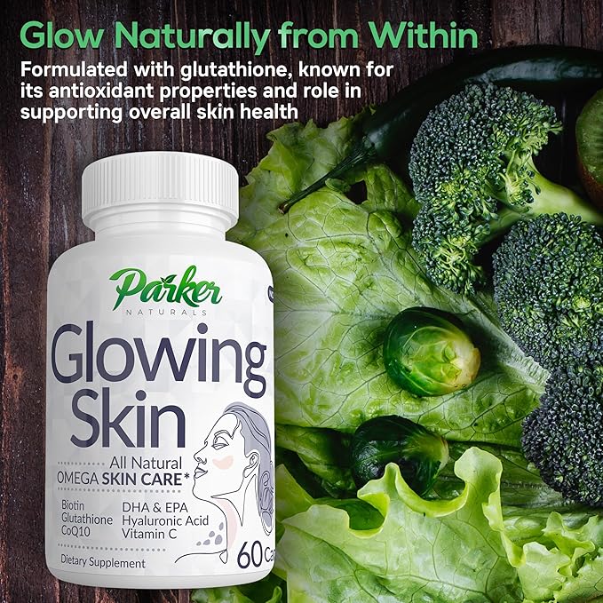 Glowing Skin Supplement - Biotin, Glutathione, Hyaluronic Acid, DHA/EPA Omega 3 Fish Oil, CoQ10, Vitamin C, All Natural Skin Care Supplement, 60 Caps