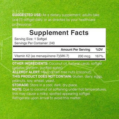 DEAL SUPPLEMENT Vitamin K2 MK-7 200mcg Per Serving, 240 Coconut Oil Softgels | Easily Absorbed Menaquinone-7 Form | Bone, Joint, & Immune Support – Non-GMO