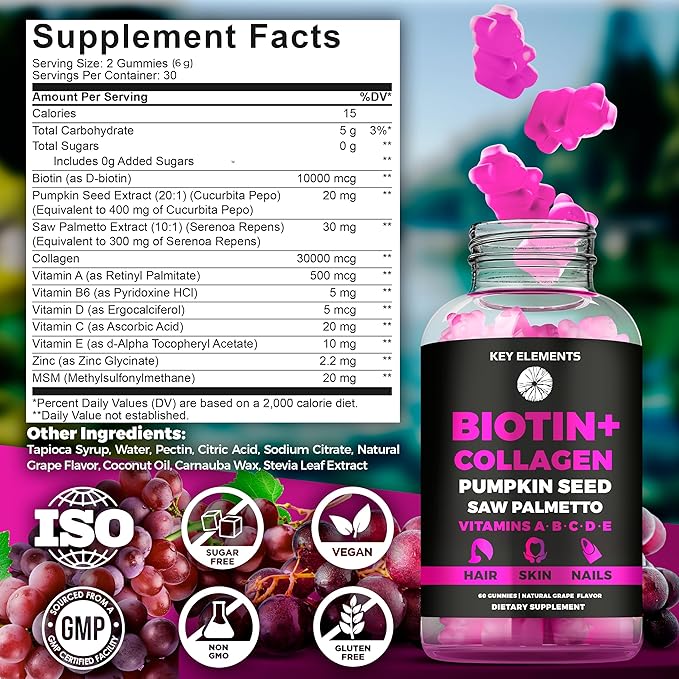 Hair Skin and Nails 10000mcg Gummies & Collagen Gummies - Biotin Vitamins Gummies for Hair Growth Pumpkin Seed Oil, Saw Palmetto Extract & Vitamins A B6 C D E - Biotin and Collagen Supplements