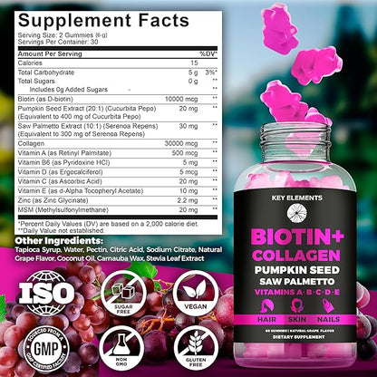 Hair Skin and Nails 10000mcg Gummies & Collagen Gummies - Biotin Vitamins Gummies for Hair Growth Pumpkin Seed Oil, Saw Palmetto Extract & Vitamins A B6 C D E - Biotin and Collagen Supplements