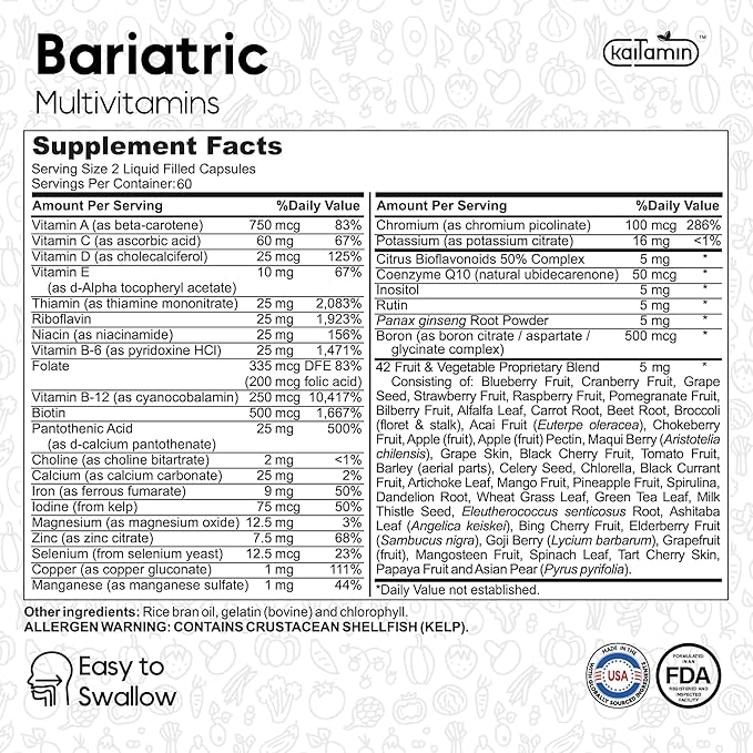 Bariatric Multivitamin with Iron – Post Bariatric Surgery – Gastric Bypass & Sleeve Support – for Women & Men – Easy to Swallow – B12, B6 & 42 Superfoods –Gluten-Free- 120 Caps 2-Month Supply