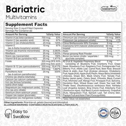Bariatric Multivitamin with Iron – Post Bariatric Surgery – Gastric Bypass & Sleeve Support – for Women & Men – Easy to Swallow – B12, B6 & 42 Superfoods –Gluten-Free- 120 Caps 2-Month Supply
