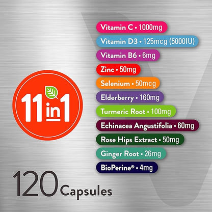 VITEEY 11 in 1 Immune Support Supplement - Immune Defense with Vitamin D3, B6, Echinacea, Turmeric, Rose-HIPS, Selenium, BioPerine, Ginger, Elderberry Vitamin C and Zinc - 120 Count