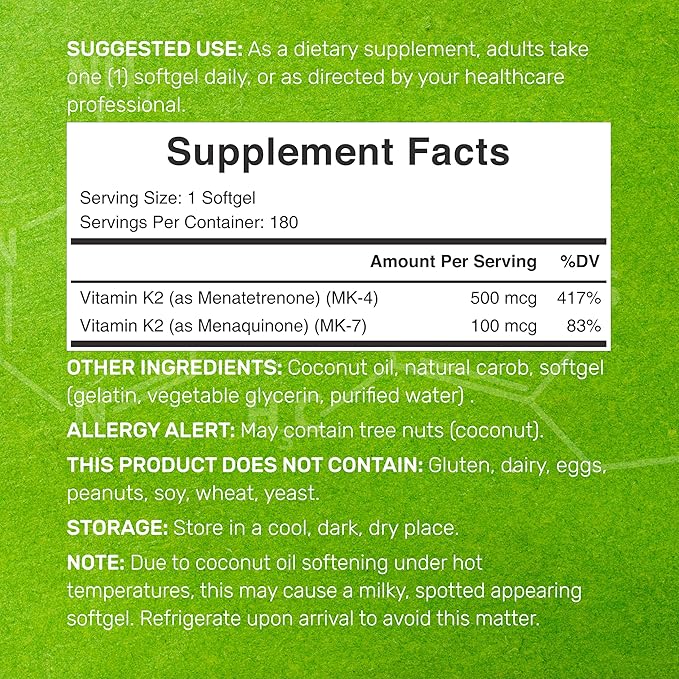DEAL SUPPLEMENT Vitamin K2 Supplement 600mcg, 180 Coconut Oil Softgels | Full Spectrum High Absorption MK-7 & MK-4 Forms | Bone, Joint, & Immune Support – Non-GMO