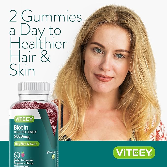 Viteey Biotin Gummies for Hair Skin and Nails - Biotin for Hair Growth Gummies - 5000 mcg - Vegan, Gluten-Free, Non-GMO – 60 Count