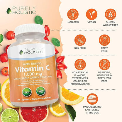 Purely Holistic Vitamin C 1000mg, 365 Capsules, 12 Month Supply, 2 Stage Timed Release with Ascorbic Acid, Rosehip & Acerola Cherry Bioflavonoid, Immune System Support, Vegan
