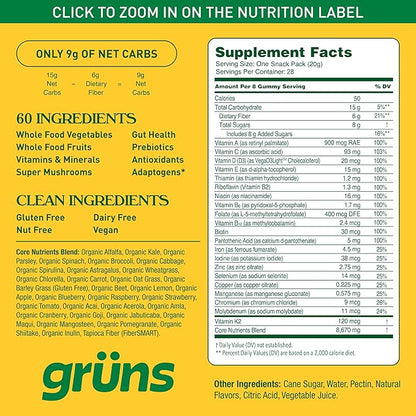 Gruns Adults Super Greens Gummies, Multivitamin Superfood Gummy Bears with Spirulina, Chlorella, Prebiotics & Fiber for Digestive Health, Adaptogens Supplement with 20 Vitamins & Minerals, 28 Count