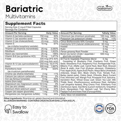 Bariatric Multivitamin with Iron - Easy-to-Swallow Capsule for Post Bariatric Surgery - Post Sleeve and Post Bypass with 42 Fruit & Veggies Blend - 60 Liquid Capsules